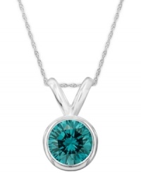 Add a touch of brilliant color. A round-cut, bezel-set blue diamond (1 ct. t.w.) shines in a luminous 14k white gold setting. Approximate length: 18 inches. Approximate drop: 1/2 inch. Add a touch of brilliant color. A round-cut, bezel-set blue diamond (1 ct. t.w.) shines in a luminous 14k white gold setting. Approximate length: 18 inches. Approximate drop: 1/2 inch.