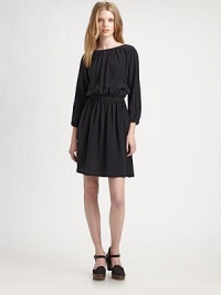 A dress-it-up-or-down style crafted with a blouson bodice, full skirt and chic button-down back.BoatneckThree-quarter sleevesSet-in waistFull skirtAbout 20 from natural waistSilkDry cleanMade in ItalyModel shown is 5'10 (177cm) wearing US size 4. A dress-it-up-or-down style crafted with a blouson bodice, full skirt and chic button-down back.BoatneckThree-quarter sleevesSet-in waistFull skirtAbout 20 from natural waistSilkDry cleanMade in ItalyModel shown is 5'10 (177cm) wearing US size 4.