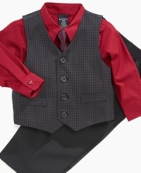 He may be your little guy, but he'll be flaunting big boy style in this handsome tie, shirt, vest, and pants set by Nautica. He may be your little guy, but he'll be flaunting big boy style in this handsome tie, shirt, vest, and pants set by Nautica.