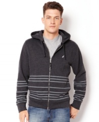 Line up your attire for the season with this striped hoodie from Nautica. Line up your attire for the season with this striped hoodie from Nautica.