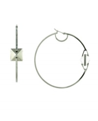 Traditional hoop earrings with a side of attitude. Vince Camuto takes it up a notch by adding a pyramid-shaped stud to the classic hoop earring. Crafted in silver tone mixed metal. Approximate diameter: 2-1/2 inches. Traditional hoop earrings with a side of attitude. Vince Camuto takes it up a notch by adding a pyramid-shaped stud to the classic hoop earring. Crafted in silver tone mixed metal. Approximate diameter: 2-1/2 inches.