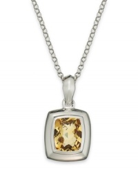 A touch of sunshine. This pretty pendant features a chic cushion shape that highlights a citrine stone (5 ct. t.w.) bezel set in sterling silver with a matching chain. Approximate length: 18 inches. Approximate drop: 1/2 inch. A touch of sunshine. This pretty pendant features a chic cushion shape that highlights a citrine stone (5 ct. t.w.) bezel set in sterling silver with a matching chain. Approximate length: 18 inches. Approximate drop: 1/2 inch.