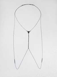 A simple Y-shaped body chain creates drama with its long drape with accents of black onyx and vintage black glass bugle beads.Black onyxBlack glassHematite-plated brassGunmetal colorLength around neck, about 24Lobster claspMade in USA A simple Y-shaped body chain creates drama with its long drape with accents of black onyx and vintage black glass bugle beads.Black onyxBlack glassHematite-plated brassGunmetal colorLength around neck, about 24Lobster claspMade in USA