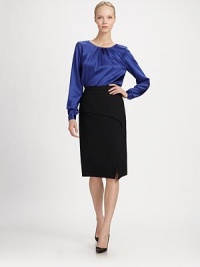 The sleek pencil silhouette in ultra-soft wool has been updated with pleats and draping at the waist for a sophisticated fit.Self waistbandHook-and-eye closureCap sleevesConcealed side zipperFront pleatBack drapeSide ventAbout 27 from natural waist99% virgin wool/1% silkDry cleanMade in Italy Model shown is 5'11 wearing US size 4. The sleek pencil silhouette in ultra-soft wool has been updated with pleats and draping at the waist for a sophisticated fit.Self waistbandHook-and-eye closureCap sleevesConcealed side zipperFront pleatBack drapeSide ventAbout 27 from natural waist99% virgin wool/1% silkDry cleanMade in Italy Model shown is 5'11 wearing US size 4.