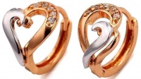 Two-Tone Rose & Silver White Gold Heart Huggie Hoop Earrings, Swarovski Crystal Elements Accents, 14k Gold Filled Metal Two-Tone Rose & Silver White Gold Heart Huggie Hoop Earrings, Swarovski Crystal Elements Accents, 14k Gold Filled Metal