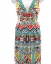 Nicole Miller Light Blue Multi Tribal Silk Empire Dress