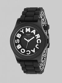 A sporty timepiece with logo details and silicone strap.Quartz movement Water resistant to 3 ATM Round stainless steel case, 40mm, (1.57) Black dial Logo hour markers along outer concave ring Second hand Silicone strap with interior jumbled logo print, 20mm, (.78) Buckle closure Imported A sporty timepiece with logo details and silicone strap.Quartz movement Water resistant to 3 ATM Round stainless steel case, 40mm, (1.57) Black dial Logo hour markers along outer concave ring Second hand Silicone strap with interior jumbled logo print, 20mm, (.78) Buckle closure Imported