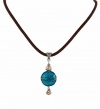 Necklace - N483 - Round Shape Murano Style Glass with Swarovski Crystal Dangles ~ Teal Blue and Copper Stripe