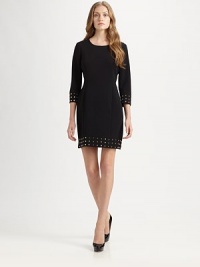 Studs add edgy glamour to this crepe dress while classic princess seams and a touch of stretch ensure a phenomenal fit.Round neckThree-quarter sleevesPrincess seamsStud detailsBack zipperAbout 23 from natural waistPolyester/rayon/spandexDry cleanImportedSIZE & FIT Model shown is 5'11 (180cm) wearing a US size 4. Studs add edgy glamour to this crepe dress while classic princess seams and a touch of stretch ensure a phenomenal fit.Round neckThree-quarter sleevesPrincess seamsStud detailsBack zipperAbout 23 from natural waistPolyester/rayon/spandexDry cleanImportedSIZE & FIT Model shown is 5'11 (180cm) wearing a US size 4.