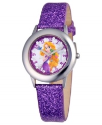 Let your hair down with this glittery watch from Disney! Featuring a Rapunzel graphic and glitz accents at the dial. Let your hair down with this glittery watch from Disney! Featuring a Rapunzel graphic and glitz accents at the dial.