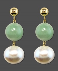 Focus on a fresh look with these beautiful earrings featuring cultured freshwater pearl (8 - 8-1/2 mm) and jade (8 mm) set in 14k gold. Approximate drop: 1 inch. Focus on a fresh look with these beautiful earrings featuring cultured freshwater pearl (8 - 8-1/2 mm) and jade (8 mm) set in 14k gold. Approximate drop: 1 inch.