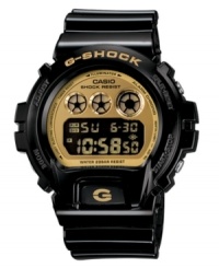 A champion watch that withstands the toughest environments, by G-Shock. Black resin strap and round case. Logo at bezel. Gold tone shock-resistant, digital display dial with EL backlight, flash alert, multifunctional alarm, countdown timer, stop watch and 12/24-hour formats. Quartz movement. Water resistant to 200 meters. One-year limited warranty. A champion watch that withstands the toughest environments, by G-Shock. Black resin strap and round case. Logo at bezel. Gold tone shock-resistant, digital display dial with EL backlight, flash alert, multifunctional alarm, countdown timer, stop watch and 12/24-hour formats. Quartz movement. Water resistant to 200 meters. One-year limited warranty.