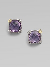 From the Linen Collection. A small cushion-cut amethyst stone shimmers in a sterling silver and 18K gold setting.Amethyst 18K gold Sterling silver Width, about ¼ Post backs Imported 