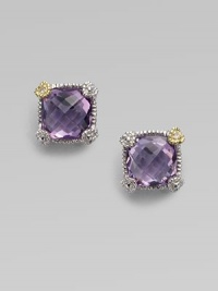 From the Linen Collection. A small cushion-cut amethyst stone shimmers in a sterling silver and 18K gold setting.Amethyst 18K gold Sterling silver Width, about ¼ Post backs Imported From the Linen Collection. A small cushion-cut amethyst stone shimmers in a sterling silver and 18K gold setting.Amethyst 18K gold Sterling silver Width, about ¼ Post backs Imported