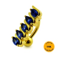 Non Dangling Silver Belly Rings |Gold Plated 18K-3 Micron Blue Sapphires Reverse Bar 925 Silver Belly Ring with 316L Steel 14Gx3/8 Inch Curved Barbell and 5MM Ball| Belly Button Piercing Rings