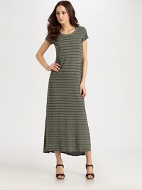Supremely soft cotton scoopneck in a subtle striped print with cap sleeves, double side slits and a slight hi-low hem. ScoopneckCap sleevesDouble side slitsHi-low hemAbout 37 from natural waistCottonMachine washMade in USAModel shown is 5'10 (177cm) wearing US size Small. Supremely soft cotton scoopneck in a subtle striped print with cap sleeves, double side slits and a slight hi-low hem. ScoopneckCap sleevesDouble side slitsHi-low hemAbout 37 from natural waistCottonMachine washMade in USAModel shown is 5'10 (177cm) wearing US size Small.