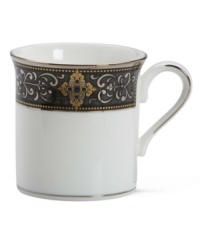 For nearly 150 years, Lenox has been renowned throughout the world as a premier designer and manufacturer of fine china. The Vintage Jewel pattern from Lenox's dinnerware and dishes collection evokes a more gracious era, combining pure white bone china with a dark, richly patterned band of muted gold, taupe, charcoal, and black, and accented with subtle touches of cobalt blue. For nearly 150 years, Lenox has been renowned throughout the world as a premier designer and manufacturer of fine china. The Vintage Jewel pattern from Lenox's dinnerware and dishes collection evokes a more gracious era, combining pure white bone china with a dark, richly patterned band of muted gold, taupe, charcoal, and black, and accented with subtle touches of cobalt blue.