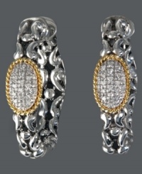 These bold hoop earrings do anything but blend in. Balissima by Effy Collection's stand-out style features an ornate, scrolling sterling silver setting, 18k gold rope edge accents, and round-cut diamonds at center (1/5 ct. t.w.). Approximate diameter: 1-1/8 inches. These bold hoop earrings do anything but blend in. Balissima by Effy Collection's stand-out style features an ornate, scrolling sterling silver setting, 18k gold rope edge accents, and round-cut diamonds at center (1/5 ct. t.w.). Approximate diameter: 1-1/8 inches.