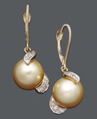 Lavish yourself in the luxurious. These rich drop earrings features a golden South Sea pearls (9-10 mm) accented by glittering round-cut diamonds (1/5 ct. t.w.) in a warm 14k gold setting. Approximate drop: 1-1/4 inches. Lavish yourself in the luxurious. These rich drop earrings features a golden South Sea pearls (9-10 mm) accented by glittering round-cut diamonds (1/5 ct. t.w.) in a warm 14k gold setting. Approximate drop: 1-1/4 inches.