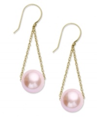 Contemporary chic. Delicate chains cradle a pink cultured freshwater pearl (10 mm) in this shapely style. Set in 14k gold. Approximate drop: 1-1/2 inches. Contemporary chic. Delicate chains cradle a pink cultured freshwater pearl (10 mm) in this shapely style. Set in 14k gold. Approximate drop: 1-1/2 inches.