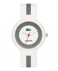 Croc around the clock with this smooth design from Lacoste. Goa unisex watch crafted of white with black stripes silicone strap and round white plastic case. White dial with circular black stripes features iconic crocodile logo at twelve o'clock, text logo at six o'clock, cut-out hour and minute hands and red second hand. Quartz movement. Water resistant to 30 meters. Two-year limited warranty. Croc around the clock with this smooth design from Lacoste. Goa unisex watch crafted of white with black stripes silicone strap and round white plastic case. White dial with circular black stripes features iconic crocodile logo at twelve o'clock, text logo at six o'clock, cut-out hour and minute hands and red second hand. Quartz movement. Water resistant to 30 meters. Two-year limited warranty.