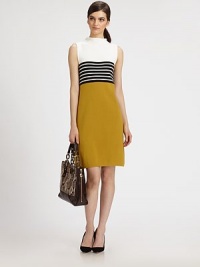 Sophisticated shift dress has bold, contrasting stripes and a unique funnelneck for a look that's simply divine. FunnelneckSleevelessExposed back zipperAbout 24 from natural waist72% viscose/28% polyesterDry cleanImportedModel shown is 5'10 (177cm) wearing US size Small. Sophisticated shift dress has bold, contrasting stripes and a unique funnelneck for a look that's simply divine. FunnelneckSleevelessExposed back zipperAbout 24 from natural waist72% viscose/28% polyesterDry cleanImportedModel shown is 5'10 (177cm) wearing US size Small.