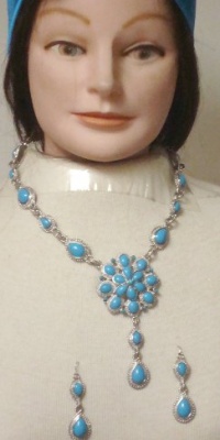 Nc26, Genuine Silvers Plated Long Chain Necklace with Turquoise Beads Large Pendant Earrings Nc26, Genuine Silvers Plated Long Chain Necklace with Turquoise Beads Large Pendant Earrings