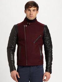 Hold on to collegiate memories with this varsity-style design crafted in felted wool with asymmetrical accents and contrasting, quilted leather sleeves for a dose of downtown-cool.Zip frontStand collarAsymmetrical zippered chest pocketSide slash pocketsAbout 26 from shoulder to hem65% wool/35% viscoseDry cleanImportedOUR FIT MODEL RECOMMENDS ordering true size. Hold on to collegiate memories with this varsity-style design crafted in felted wool with asymmetrical accents and contrasting, quilted leather sleeves for a dose of downtown-cool.Zip frontStand collarAsymmetrical zippered chest pocketSide slash pocketsAbout 26 from shoulder to hem65% wool/35% viscoseDry cleanImportedOUR FIT MODEL RECOMMENDS ordering true size.