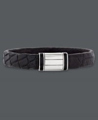 Sophisticated style for the modern man. This chic cuff bracelet features a genuine crocodile skin band accented by bold onyx and polished sterling silver. Approximate length: 8-1/2 inches. Approximate width: 3/8 inch. Sophisticated style for the modern man. This chic cuff bracelet features a genuine crocodile skin band accented by bold onyx and polished sterling silver. Approximate length: 8-1/2 inches. Approximate width: 3/8 inch.