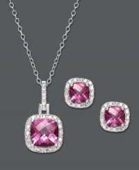 The ultimate declaration of femininity. Rich, pink hues create a look fit for a princess in Victoria Townsend's pretty jewelry set. Cushion-cut pink topaz (3 ct. t.w.) shimmers within a halo of diamond accents. Crafted in sterling silver. Approximate length: 18 inches. Approximate pendant drop: 3/4 inch. Approximate earring drop: 5/16 inch.