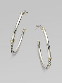 From the Metro Collection. A sleek, sophisticated, slender hoop, combining smooth and cabled sterling silver with accents of 18k gold. Sterling silver and 18k yellow gold Diameter, about 1¾ Post back Imported From the Metro Collection. A sleek, sophisticated, slender hoop, combining smooth and cabled sterling silver with accents of 18k gold. Sterling silver and 18k yellow gold Diameter, about 1¾ Post back Imported