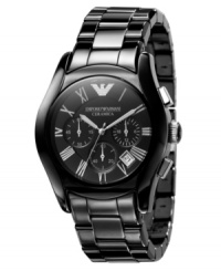 Nothing but extraordinary. This Emporio Armani watch features a black ceramic bracelet and round stainless steel case. Black chronograph dial with silvertone Roman numerals, logo, date window and three subdials. Quartz movement. Water resistant to 30 meters. Two-year limited warranty. Nothing but extraordinary. This Emporio Armani watch features a black ceramic bracelet and round stainless steel case. Black chronograph dial with silvertone Roman numerals, logo, date window and three subdials. Quartz movement. Water resistant to 30 meters. Two-year limited warranty.