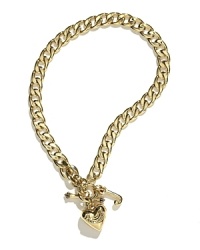 Goldtone chain link necklace from Juicy Couture, with puffed heart and J charms. Goldtone chain link necklace from Juicy Couture, with puffed heart and J charms.