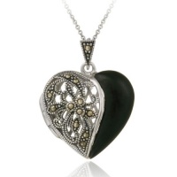 Sterling Silver Genuine Marcasite & Onyx Heart Locket Necklace, 18 Sterling Silver Genuine Marcasite & Onyx Heart Locket Necklace, 18