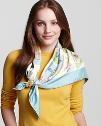 Whimsical butterflies and signature shoes decorate this elegant silk scarf from Salvatore Ferragamo. Whimsical butterflies and signature shoes decorate this elegant silk scarf from Salvatore Ferragamo.