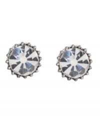 Add sparkle in shine in an instant. These glittering studs by Betsey Johnson feature round-cut Czech glass set in silver tone mixed metal. Approximate diameter: 3/4 inch. Add sparkle in shine in an instant. These glittering studs by Betsey Johnson feature round-cut Czech glass set in silver tone mixed metal. Approximate diameter: 3/4 inch.