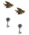 Petite perfection. Lucky Brand's chic stud earrings set combines gold tone birds and silver tone keys in mixed metal. Approximate diameter (bird): 1/3 inch. Approximate drop (key): 5/8 inch.