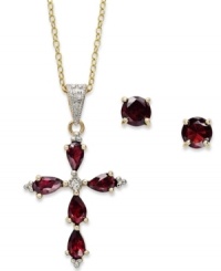 Symbolic sparkle. Victoria Townsend's beautiful matching jewelry set features a pair of stud earrings and pendant in the shape of a cross. Crafted in 18k gold over sterilng silver, highlighting round and pear-cut garnets (2-1/2 ct. t.w.). Approximate length: 18 inches. Approximate drop: 1-1/4 inches. Approximate diameter: 3/16 inch. Symbolic sparkle. Victoria Townsend's beautiful matching jewelry set features a pair of stud earrings and pendant in the shape of a cross. Crafted in 18k gold over sterilng silver, highlighting round and pear-cut garnets (2-1/2 ct. t.w.). Approximate length: 18 inches. Approximate drop: 1-1/4 inches. Approximate diameter: 3/16 inch.
