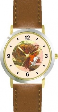 The Little Bird - from Mother Goose by Artist: Sylvia Long - WATCHBUDDY® DELUXE TWO-TONE THEME WATCH - Arabic Numbers - Brown Leather Strap-Size-Large ( Men's Size or Jumbo Women's Size ) The Little Bird - from Mother Goose by Artist: Sylvia Long - WATCHBUDDY® DELUXE TWO-TONE THEME WATCH - Arabic Numbers - Brown Leather Strap-Size-Large ( Men's Size or Jumbo Women's Size )