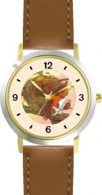 The Little Bird - from Mother Goose by Artist: Sylvia Long - WATCHBUDDY® DELUXE TWO-TONE THEME WATCH - Arabic Numbers - Brown Leather Strap-Size-Large ( Men's Size or Jumbo Women's Size )