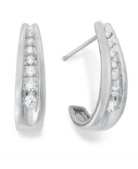 Accentuate your look with sparkle. These pretty J-hoop earrings feature channel-set, round-cut diamonds (1/4 ct. t.w.) in 14k white gold. Approximate diameter: 5/8 inch. Accentuate your look with sparkle. These pretty J-hoop earrings feature channel-set, round-cut diamonds (1/4 ct. t.w.) in 14k white gold. Approximate diameter: 5/8 inch.