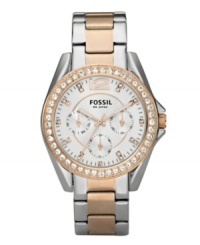 Two contrasting metal tones make for one distinctive Riley collection watch design by Fossil. Two contrasting metal tones make for one distinctive Riley collection watch design by Fossil.