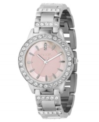 A rosy blush adds feminine fun to this richly elegant Jesse collection watch from Fossil. Silver tone stainless steel bracelet with Swarovski crystal accents. Crystal-accented round bezel. Round pink mother-of-pearl dial with logo and stick indices. Quartz movement. Water resistant to 100 meters. 11-year limited warranty. A rosy blush adds feminine fun to this richly elegant Jesse collection watch from Fossil. Silver tone stainless steel bracelet with Swarovski crystal accents. Crystal-accented round bezel. Round pink mother-of-pearl dial with logo and stick indices. Quartz movement. Water resistant to 100 meters. 11-year limited warranty.