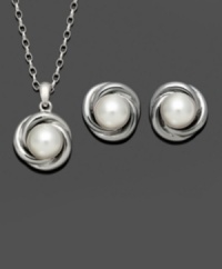 Class and sophistication combine in a swirling knot of style. Symbolic for love, this polished jewelry set features cultured freshwater pearls (8-9 mm) set in sterling silver. Approximate length: 18 inches. Approximate pendant drop: 1-8/10 inch. Approximate earring diameter: 6/10 inch.