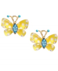 Get girly in Betsey Johnson's glam style. These sweet stud earrings feature delicate butterflies in blue and yellow enamel with sparkling crystal accents. Set in gold-plated mixed metal. Approximate diameter: 5/8 inch. Get girly in Betsey Johnson's glam style. These sweet stud earrings feature delicate butterflies in blue and yellow enamel with sparkling crystal accents. Set in gold-plated mixed metal. Approximate diameter: 5/8 inch.