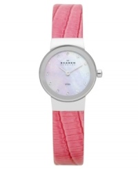 The perfect amount of pink shimmers on this ladylike timepiece from Skagen Denmark. The perfect amount of pink shimmers on this ladylike timepiece from Skagen Denmark.