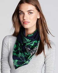 This fiercely fashionable silk scarf depicts a neon snow leopard donning a Juicy Couture logo collar. This fiercely fashionable silk scarf depicts a neon snow leopard donning a Juicy Couture logo collar.