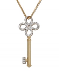 Who holds the key to your secrets? Add a touch of mystery and romance to your décolleté with this exquisite gold tone mixed metal pendant! The delicately crafted key sparkles in clear Swarovski crystals set in pavé. Approximate length: 27-1/2 inches. Approximate drop: 1-7/8 inches. Who holds the key to your secrets? Add a touch of mystery and romance to your décolleté with this exquisite gold tone mixed metal pendant! The delicately crafted key sparkles in clear Swarovski crystals set in pavé. Approximate length: 27-1/2 inches. Approximate drop: 1-7/8 inches.