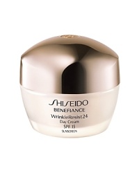 An age-defense daytime moisturizer that helps protect skin from damage caused by external aging factors such as UV rays. The appearance of lines and wrinkles are dramatically reduced, while all-day rich moisture is maintained, even under dry conditions. Newly reformulated, Shiseido Benefiance WrinkleResist24 targets every step of wrinkle formation for youthful looking skin that can resist signs of aging. The entire line contains a revolutionary breakthrough ingredient, Mukurossi Extract, which directly inhibits the activity of a wrinkle-triggering enzyme. Skin is made resistant to future signs of aging while existing signs of wrinkles are visibly improved. An age-defense daytime moisturizer that helps protect skin from damage caused by external aging factors such as UV rays. The appearance of lines and wrinkles are dramatically reduced, while all-day rich moisture is maintained, even under dry conditions. Newly reformulated, Shiseido Benefiance WrinkleResist24 targets every step of wrinkle formation for youthful looking skin that can resist signs of aging. The entire line contains a revolutionary breakthrough ingredient, Mukurossi Extract, which directly inhibits the activity of a wrinkle-triggering enzyme. Skin is made resistant to future signs of aging while existing signs of wrinkles are visibly improved.