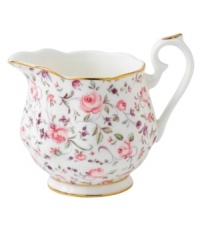 Scattered with dainty blooms, the Rose Confetti creamer restores the grace and charm of another era in fine bone china from Royal Albert. Scalloped edges with gold banding and a traditionally feminine palette add to its romantic sensibility. Scattered with dainty blooms, the Rose Confetti creamer restores the grace and charm of another era in fine bone china from Royal Albert. Scalloped edges with gold banding and a traditionally feminine palette add to its romantic sensibility.